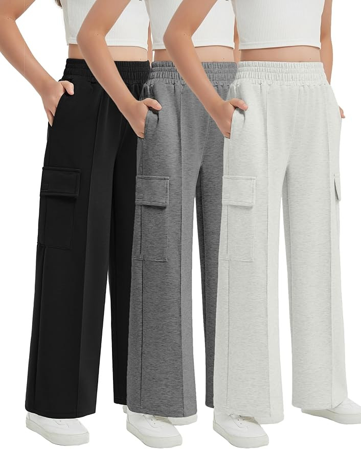 EXARUS Girls Sweatpants Wide Leg Baggy Teen Sweat Pants Cargo/Side Striped/Crossover V Waist Casu... | Amazon (US)