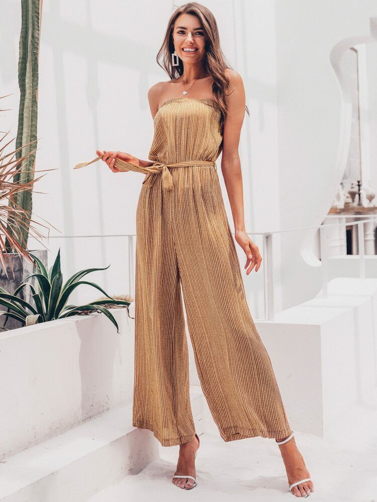 Simplee Belted Wide Leg Tube Jumpsuit | SHEIN