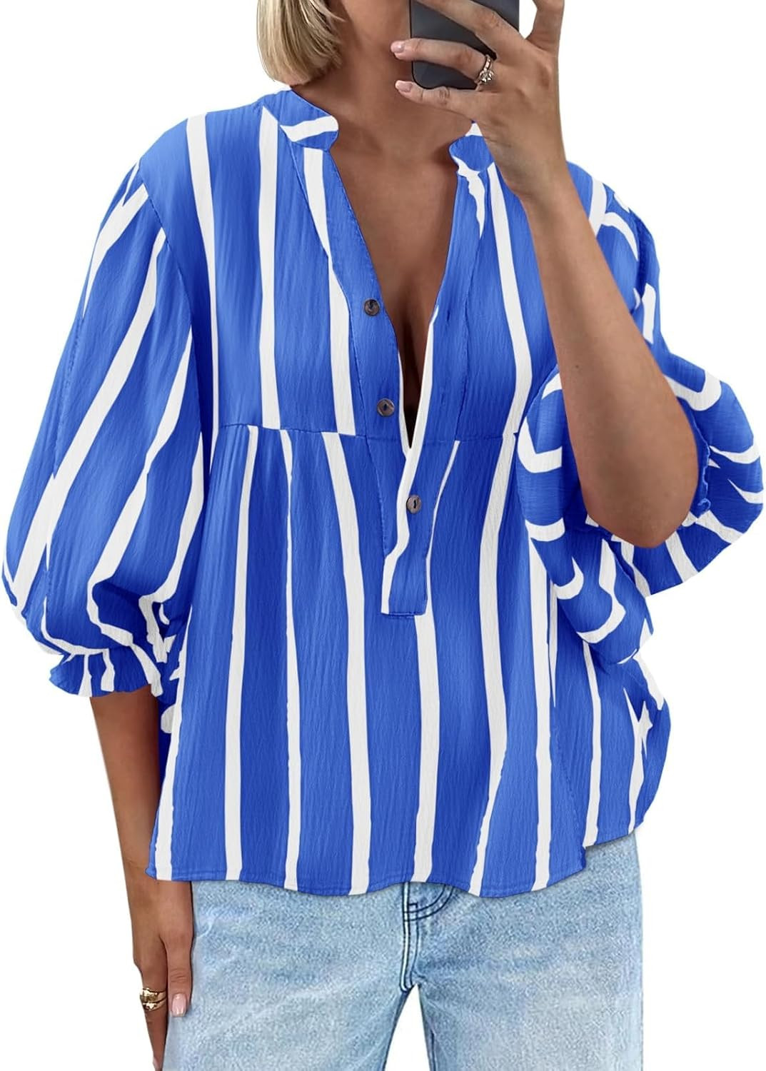 LAYOGAS Womens 3/4 Length Sleeve Babydoll Top Casual V Neck Striped Blouses Loose Fit Flowy Button Down Shirts | Amazon (US)