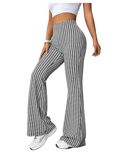 OYOANGLE Women's Houndstooth Pattern High Waisted Flared Leg Pants Workout Bell Bottom Casual Pants Black and White X-Large | Amazon (US)