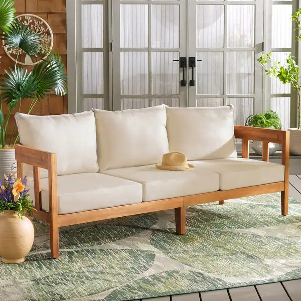SAFAVIEH Outdoor Owen Solid Wood 3-Seater Sofa - 76Wx30Dx25H | Bed Bath & Beyond