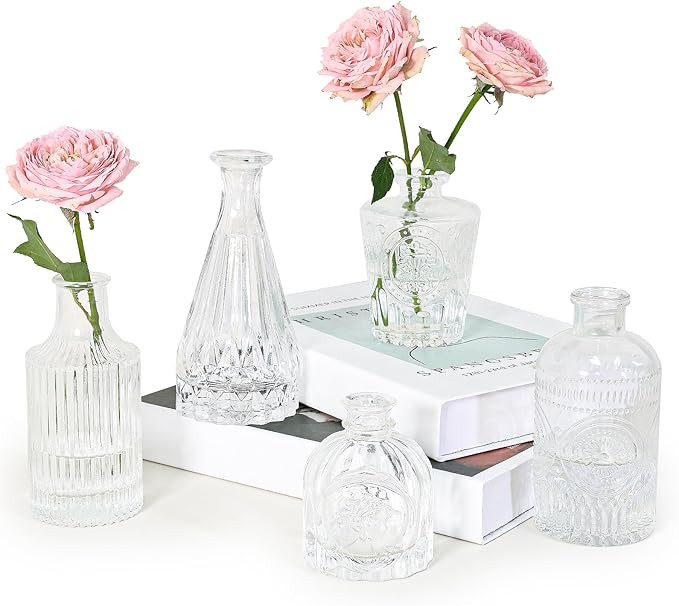 SUPMIND Glass Bud Vase Set of 5, Clear Small Flower Vases for Centerpieces in Bulk, Mini Vintage ... | Amazon (US)