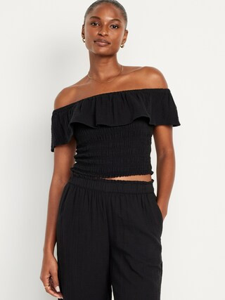 Off-the-Shoulder Crinkle Gauze Cropped Top | Old Navy (US)