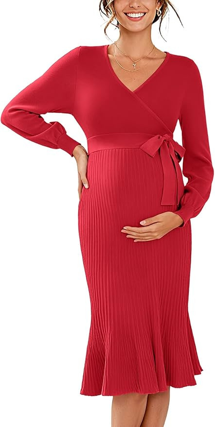 V FOR CITY Maternity Sweater Dress for Baby Shower Party Wrap V Neck Puff Sleeve Tie Waist Pleate... | Amazon (US)