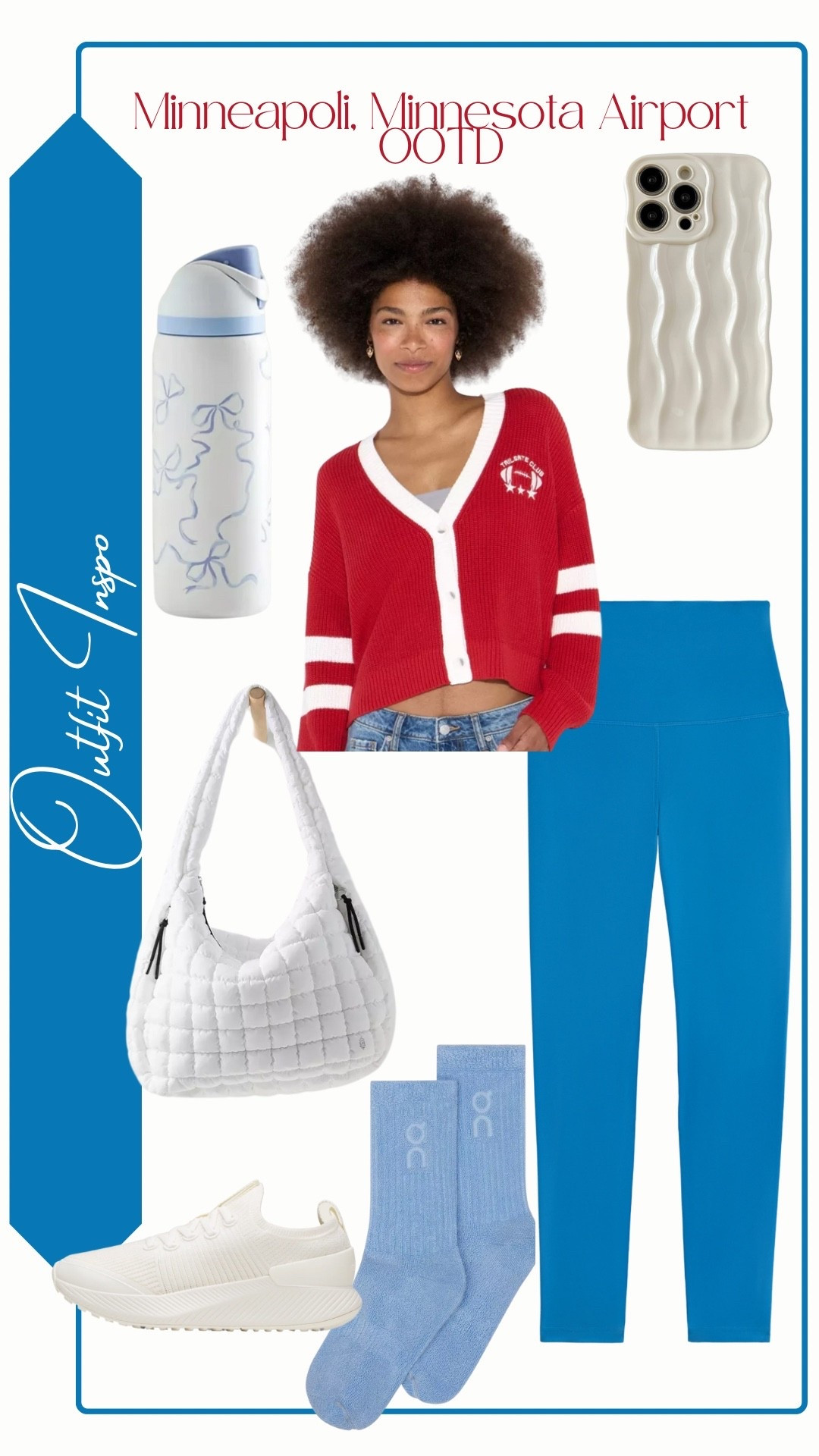 Minneapolis, Minnesota Airport OOTD

Red & Blue Game day V Neck: Target
Stone Blue High Waisted Leggings: Splits59
White Sneaker: Allbirds
Terry Crew Socks: On
Blue Bow Water Bottle: Owala
White Quilted Carryall: Free People
White Phone Case: Amazon

#LTKActive #LTKSeasonal #LTKTravel