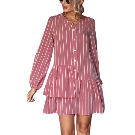 Avamo Women Loose V Neck Mini Dresses A Line Sexy Short Dress Striped Travel Dresses Pink L | Walmart (US)