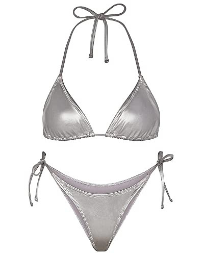 Metallic String Bikini for Women - Sexy Beach Glitter Swimsuits Bathing Suit Triangle Tops Side Tie Thong Bottom Set(Silver,M,1026e) | Amazon (US)