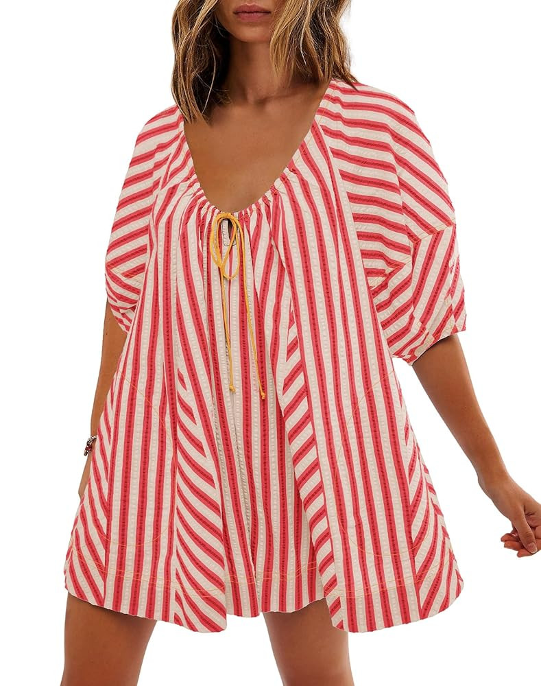 SENSERISE Womens Striped Romper Puff Sleeve Mini Shorts Romper Dress Beach Vacation Outfits with ... | Amazon (US)