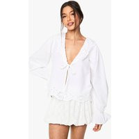 Womens Cutwork Broderie Tie Front Blouse - White - 2 | boohoo (US & Canada)