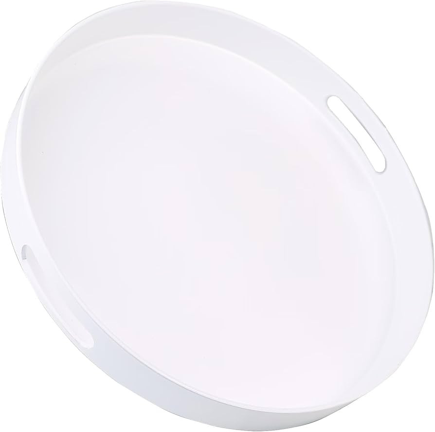 Round White Decorative Serving Tray with Handles, 13\u201d Versatile Ottoman Tray for Coffee Tabl... | Amazon (US)