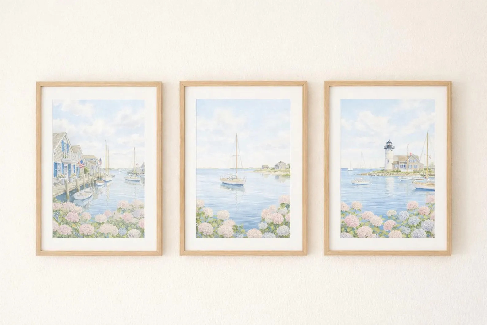 Nantucket Coastal Wall Art Set of 3, Hydrangea Beach Prints, Blue Sailboat Artwork, Preppy Coasta... | Etsy (Global)