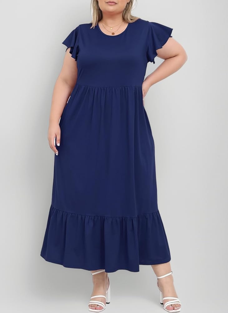Moon Wood Damen Sommerkleid Lang Freizeit Maxikleid Curvy Blumenkleid mit Kurzarm und Taschen Gro... | Amazon (DE)
