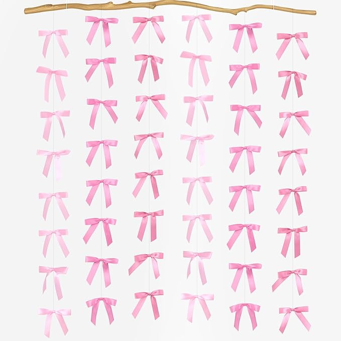Pink Satin Ribbon Bow Hanging Garland, Pink Bow Party Decortions, Girls Bow Birthday Decoation Ba... | Amazon (US)