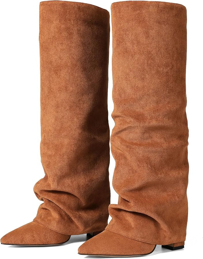 Synchoiss Womens Knee High Boots Wide Calf Chunky High Heel Boots Fashion Fold Over Boot Pointed ... | Amazon (US)