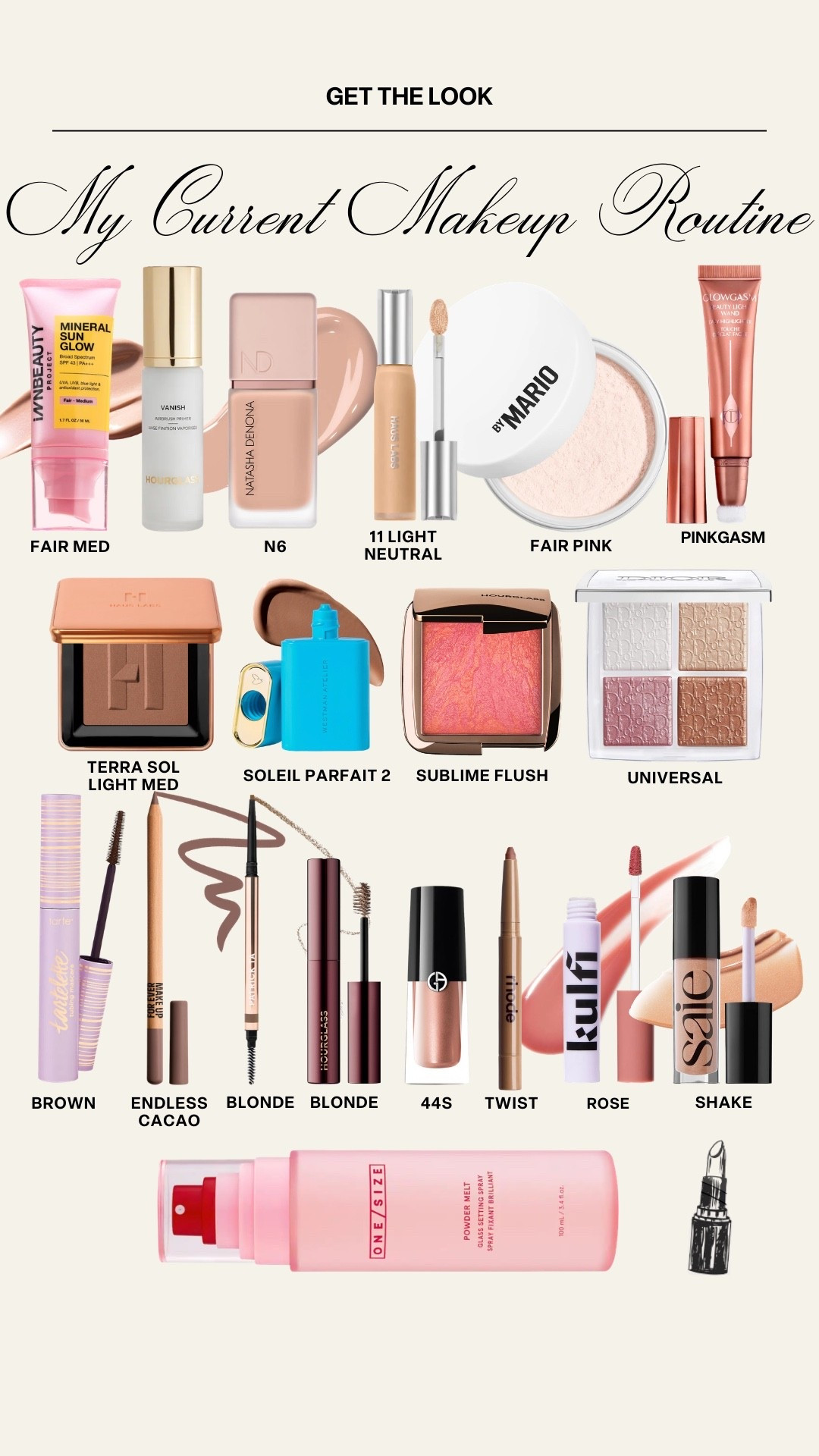 Shades:
SPF - fair medium
Liquid foundation - N6
Concealer - 11 light neutral 
Setting powder - fair pink 
Liquid blush - pinkgasm
Powder blush - sublime flush
Face palette - universal 
Liquid bronzer - soleil parfait 2
Powder bronzer - terra sol light med
Eyeshadow - 44s
Mascara - brown
Eye pencil - endless cacao
Brown pencil & gel - blonde
Gloss - shake
Lip liner/stain - twist
Lip gloss  - rose

#kathleenpost

Current makeup faves, beauty faves, lip combo, eye combo, full face makeup, everyday wear makeup



#LTKBeauty #LTKgrwm #LTKselfcare