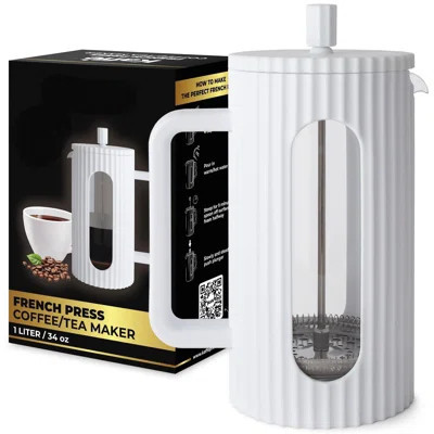 French Press Coffee Maker (34Oz / 1L) - Borosilicate Glass And BPA-Free Plastic Coffee Press - White - Lightweight Travel & Camping Coffee Maker | Wayfair North America