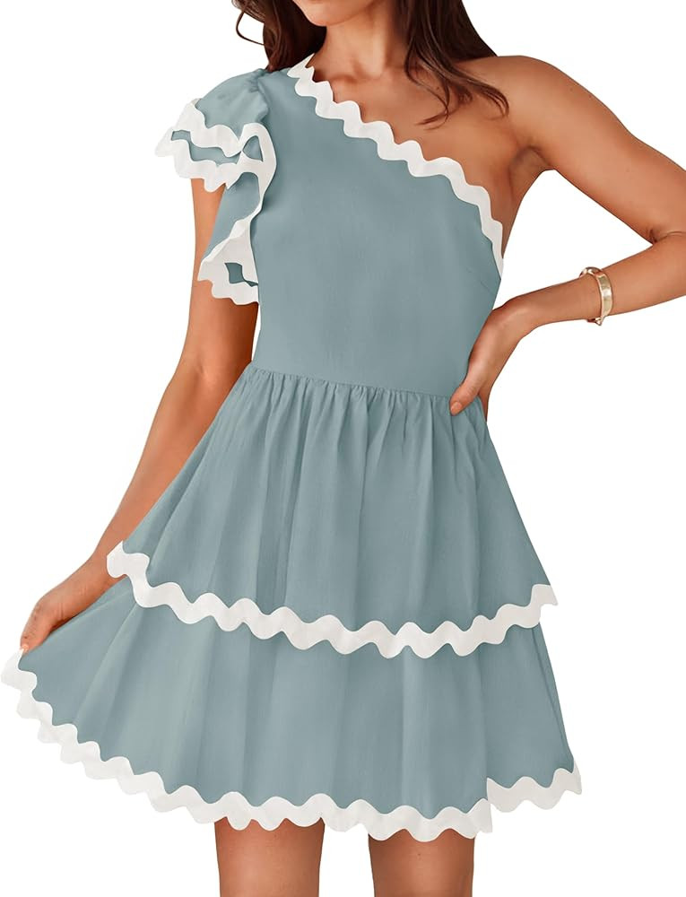 ZESICA Women's 2024 Summer One Shoulder Dresses Ruffle Short Sleeve Tiered Layered Swing A Line M... | Amazon (US)