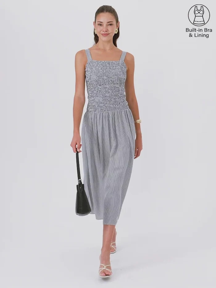Striped Poplin Square Neck Smocked Midi Bra Dress | OGLmove