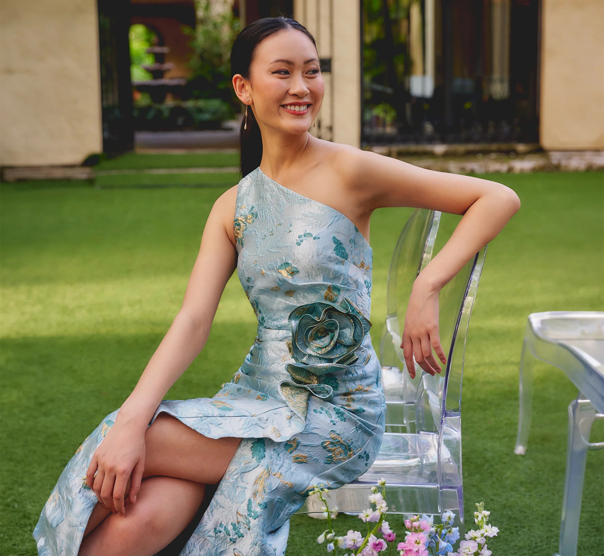One Shoulder Floral Jacquard Rosette Gown In Blue Multi | Adrianna Papell