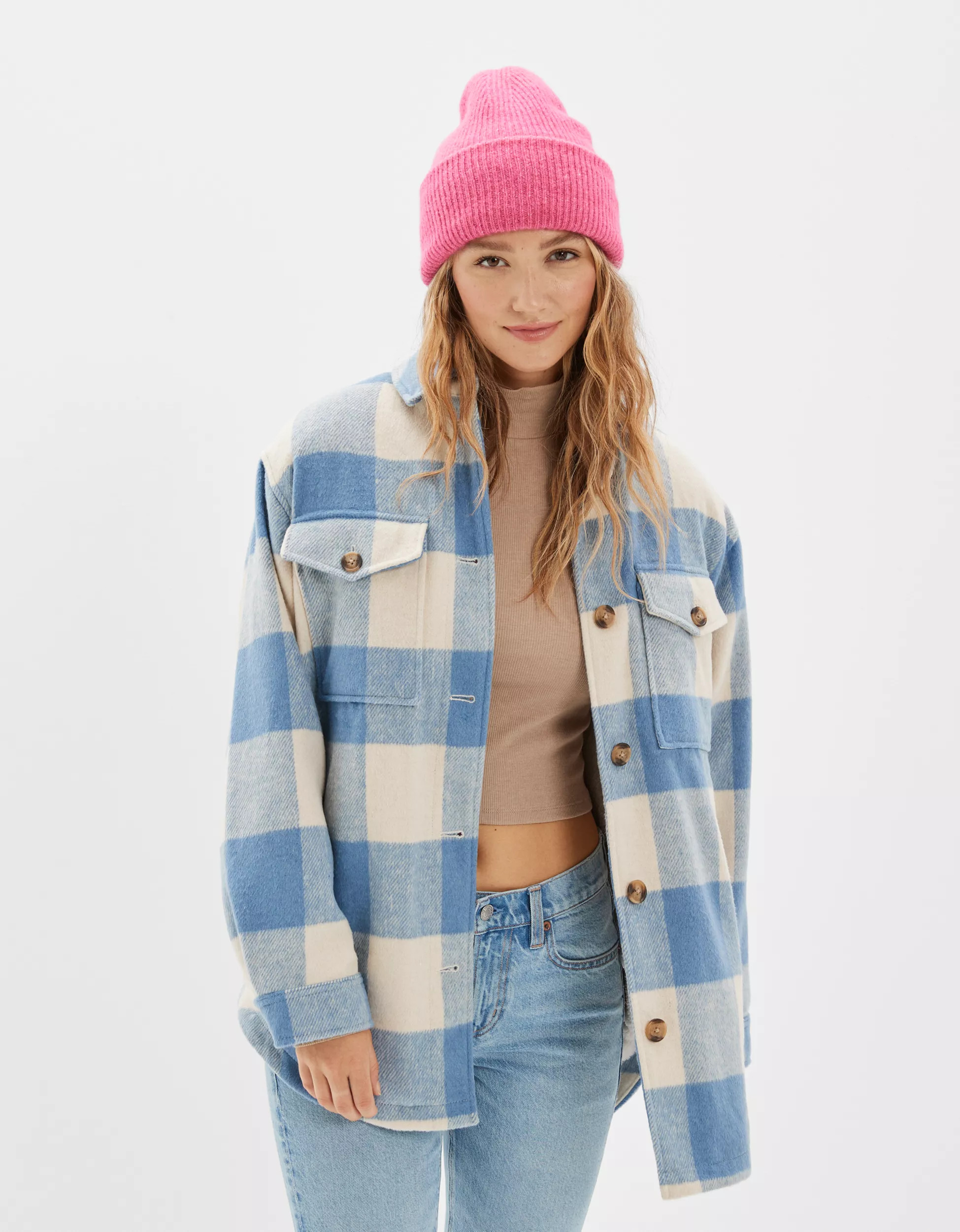 AE Sherpa-Lined Plaid Shacket | American Eagle Outfitters (US & CA)