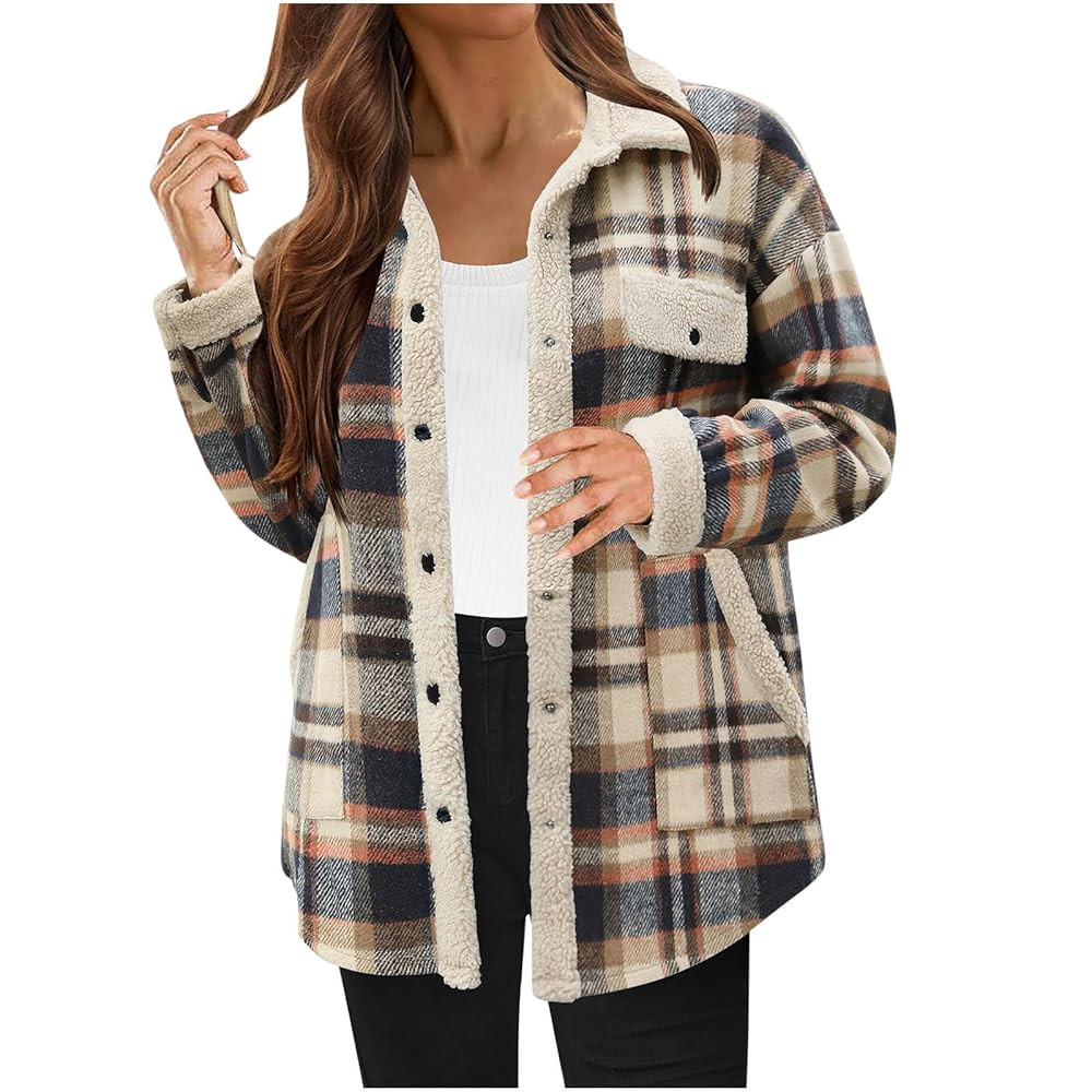 Womens Fall Fashion 2025 Flannel Shackets Plaid Button Down Jacket Casual Long Sleeve Fleece Shir... | Amazon (US)