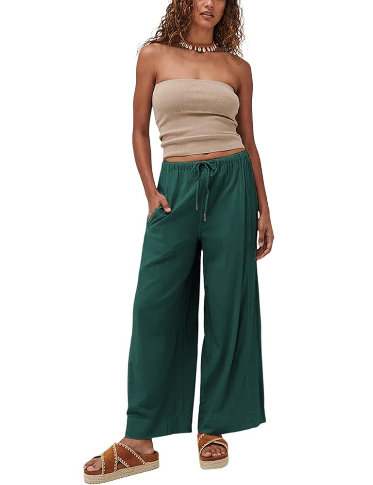 Faleave Women's Linen Palazzo Pants Summer Wide Leg High Waist Casual Lounge Pant Trousers with P... | Amazon (US)