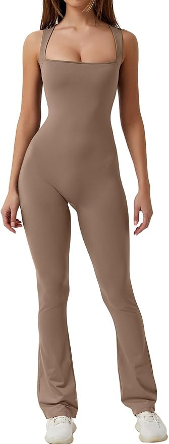 QINSEN Flare Jumpsuits for Women Strappy Square Neck Bodycon Full Length Long Pants Casual Playsu... | Amazon (US)