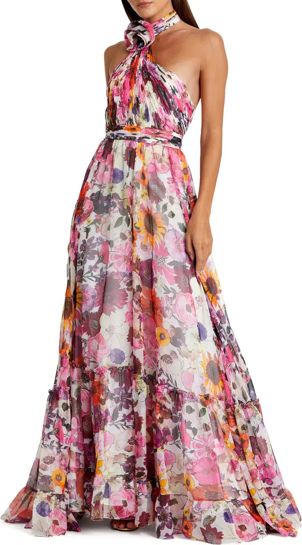 Asymmetrical Ruffled Halter Floral Gown | Nordstrom