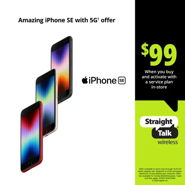 Straight Talk Apple iPhone SE (2022-3rd Gen) 5G, 64GB, Midnight - Prepaid Smartphone [Locked to S... | Walmart (US)