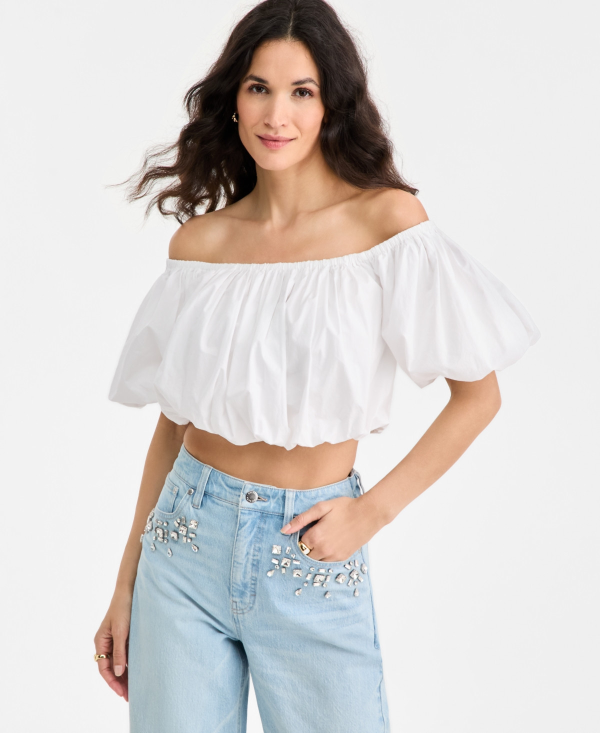 On 34th Women's Off Shoulder Bubble Top, Macy's Exclusive - Bright White | Macy's
