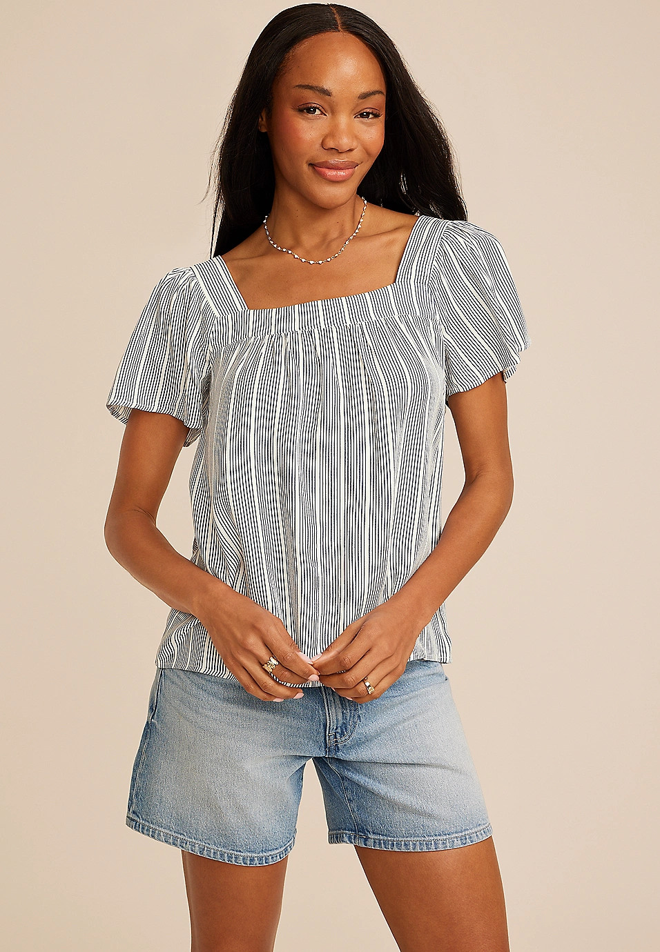 Striped Square Neck Short Sleeve Blouse | Maurices