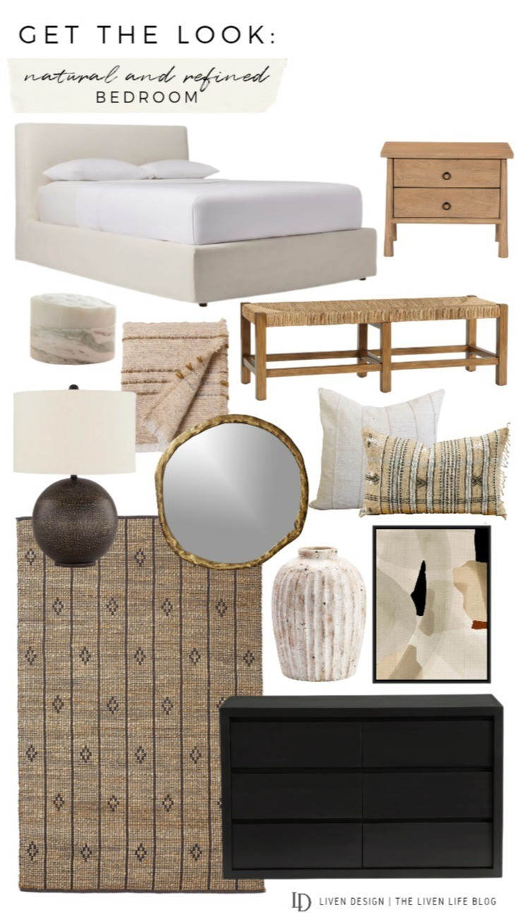 Bedroom decor. Upholstered bed. Nightstand. Dresser. Modern art. Brass mirror. Handwoven rug. Woven bench. Rustic. Decorative box 

#LTKSeasonal #LTKHome #LTKSaleAlert