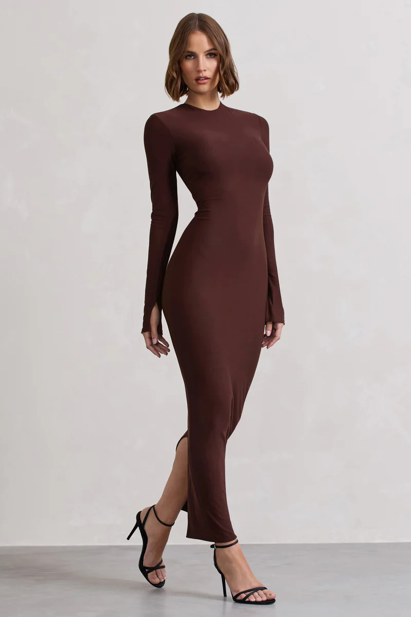 Wonder | Chocolate Brown Bodycon Long-Sleeve Maxi Dress | Club L London