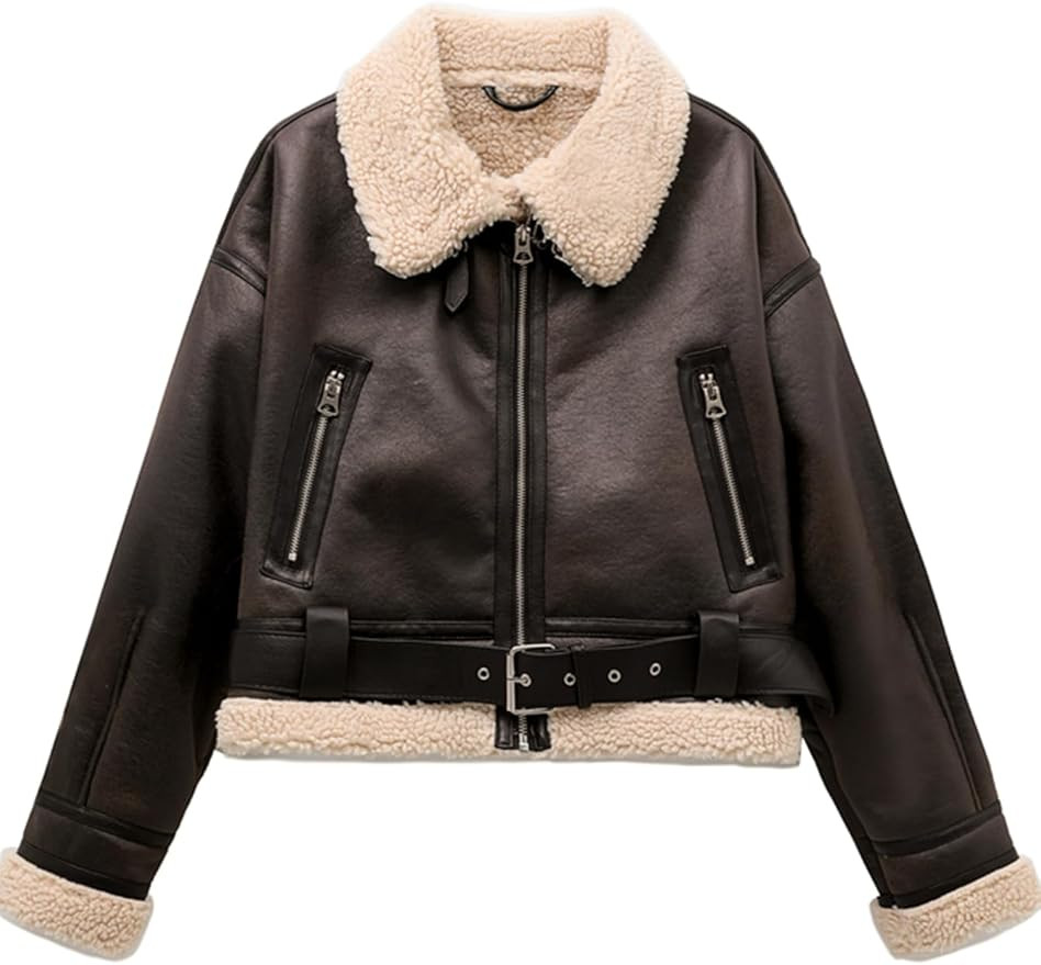 LY VAREY LIN Women's Faux Shearing Fur Bomber Jacket Cropped Aviator Leather Coat Outerwear | Amazon (US)