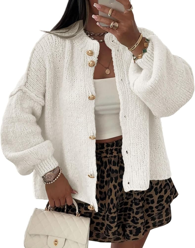 Womens Button Up Chunky Cardigan Sweater 2025 Oversized Lantern Sleeve Cozy Slouchy Coats | Amazon (US)
