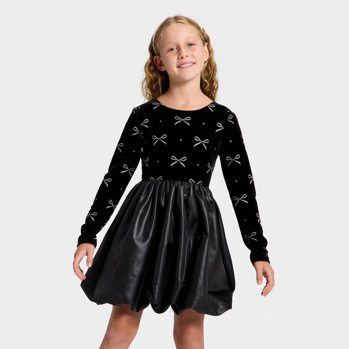 Girls' Audrey Camille Long Sleeve Taffeta Bow Bubble Dress - Black XS | Target