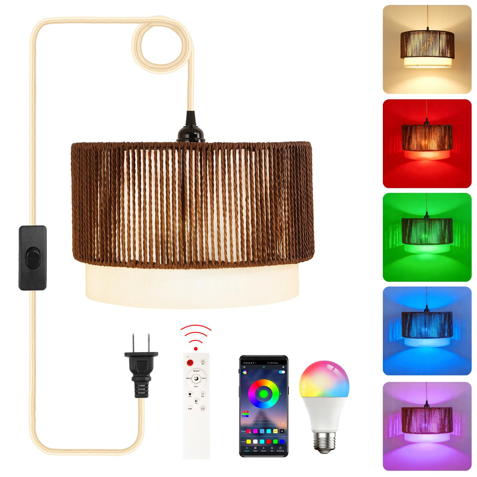 Plug in Pendant Light, Hanging Lamp with Woven Shade, Ceiling Light Fixture with On/Off Switch an... | Amazon (US)
