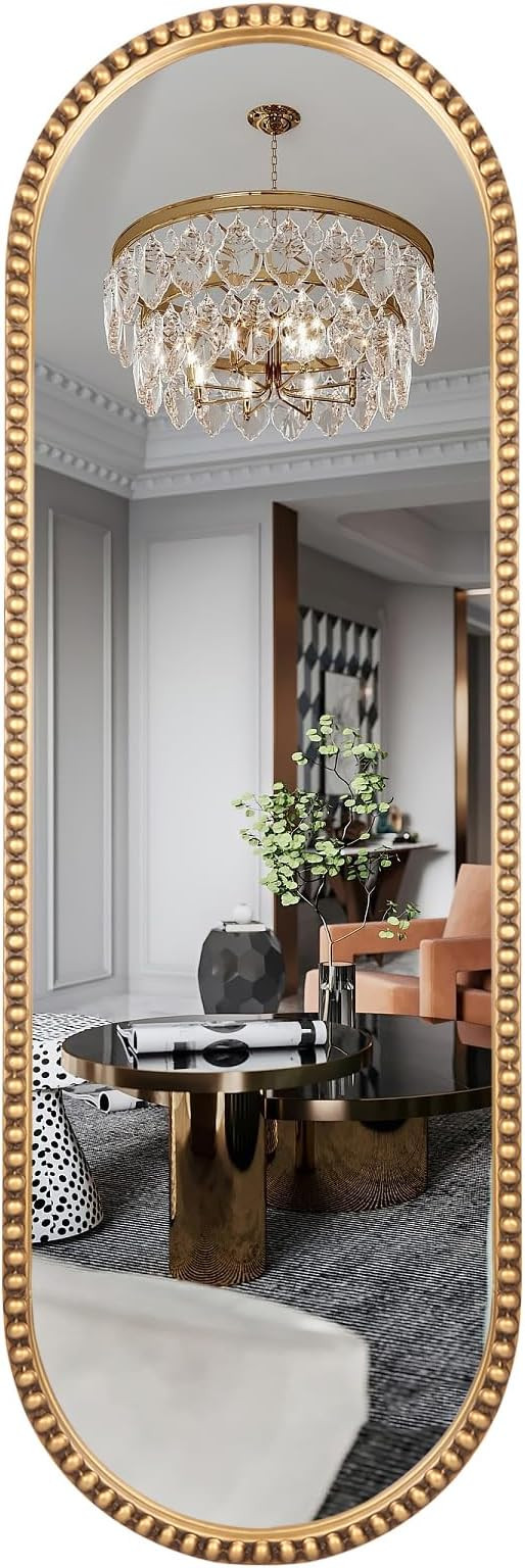Oval Full Length Mirror, 16"x47" Metal Beaded Frame Large Hanging Dressing Floor Mirror for Bedro... | Amazon (US)