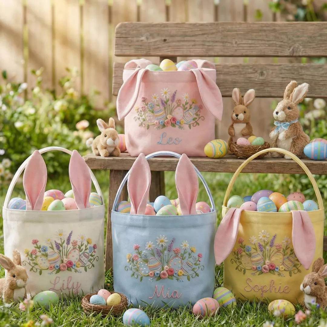 Personalized Hand Embroidered Easter Egg Basket, Egg Hunt Linen Basket, Cute Bunny Ears Basket, H... | Etsy (US)