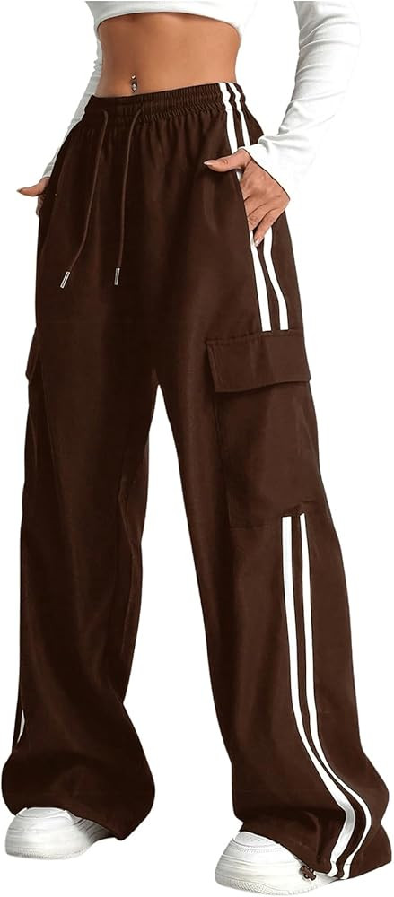 Verdusa Women's Cargo Pants Baggy Straight Wide Leg Track Pants Striped Joggers with Pockets Athl... | Amazon (US)