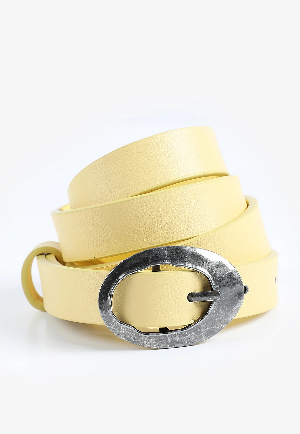 Hammered Oval Buckle Yellow Faux Leather Belt | Maurices