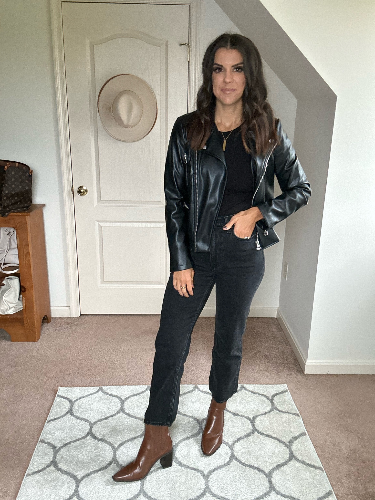 My favorite fuax leather jacket is back in stock!! Wearing size small 
Abercrombie jeans wearing size 26 regular. 
Size 

#LTKfindsunder100 #LTKSeasonal #LTKfindsunder50