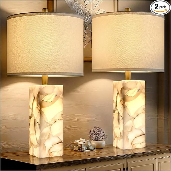 Scenekoy Alabaster Table Lamp Set of 2 with Night Light for Bedroom Living Room, 23" Rotary Switc... | Amazon (US)