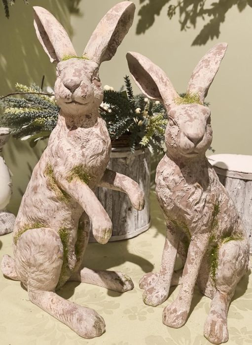 Mossy Flocked Bunny Statue Set of 2 | Antique Farm House