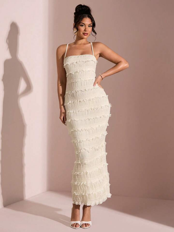 SHEIN BAE Summer White Long Camisole Textured Pleated Lace Splice Holiday Simple Elegant Women's ... | SHEIN