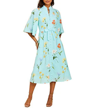 Carmen Garden Waltz Print Mandarin Collar 3/4 Butterfly Sleeve Midi Dress | Dillard's