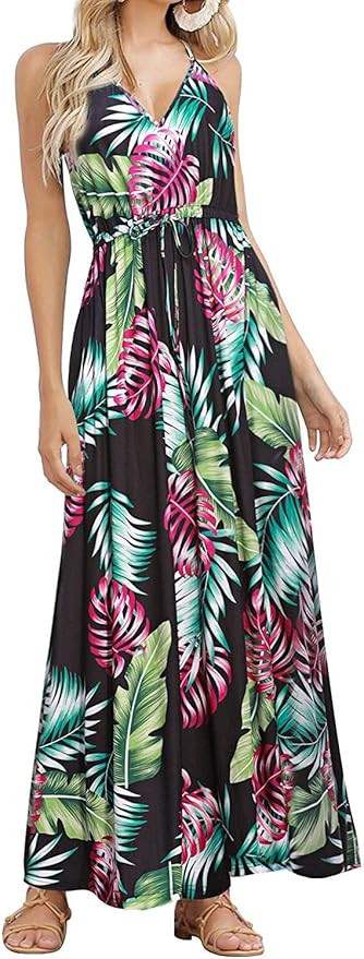 HUSKARY Womens Sleeveless V Neck Spaghetti Strap Pockets Beach Boho Tropical Summer Maxi Dress | Amazon (US)