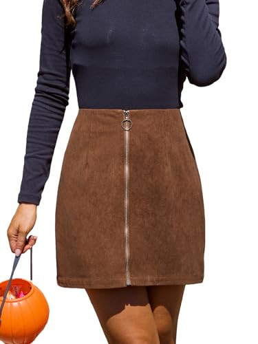 CUPSHE Corduroy Front Zipper Mini Skirt High Waist Woven Front Zipper Short Skirts Brown L | Amazon (US)