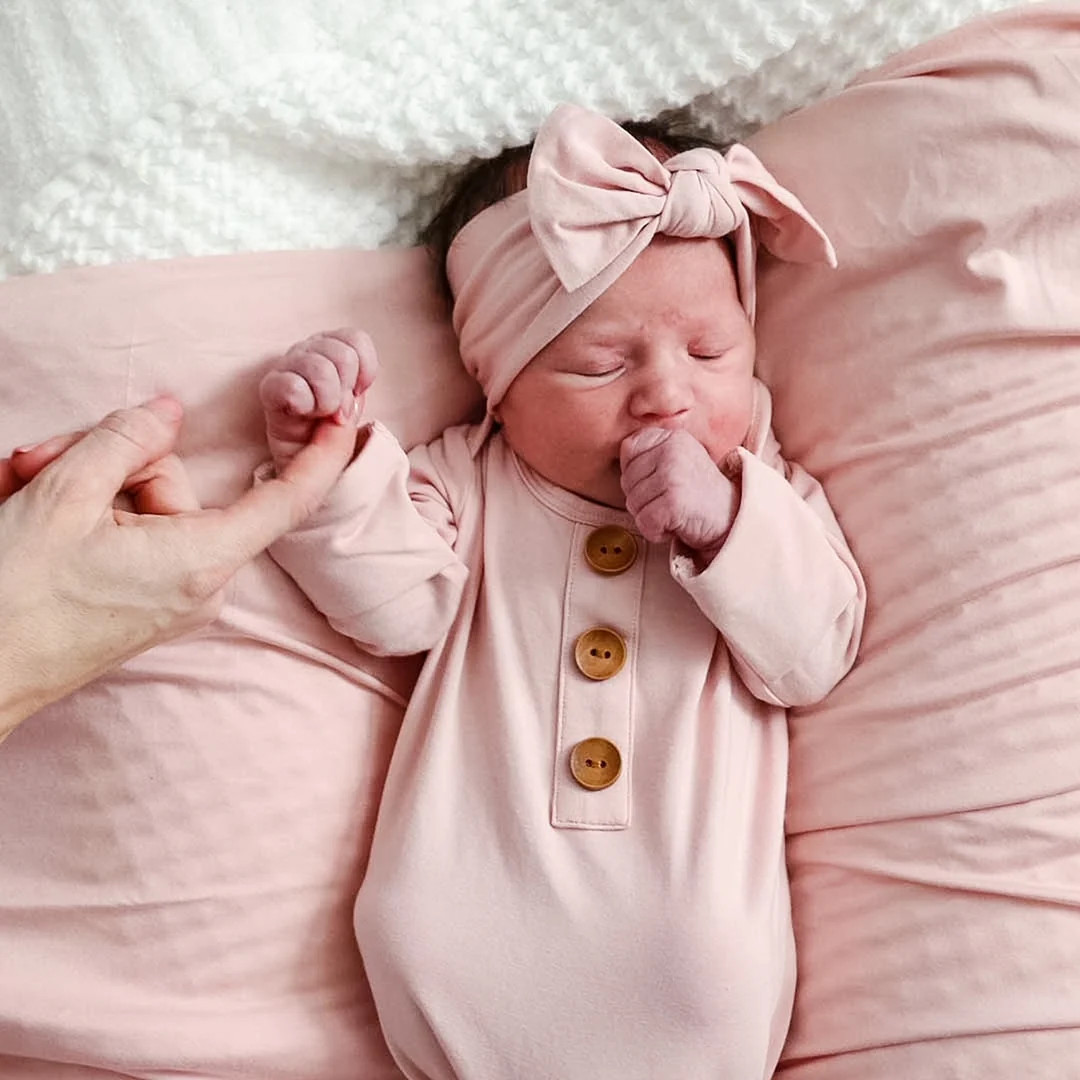 Solid Petal Pink Bamboo Baby Knot Gown & Hat | Caden Lane
