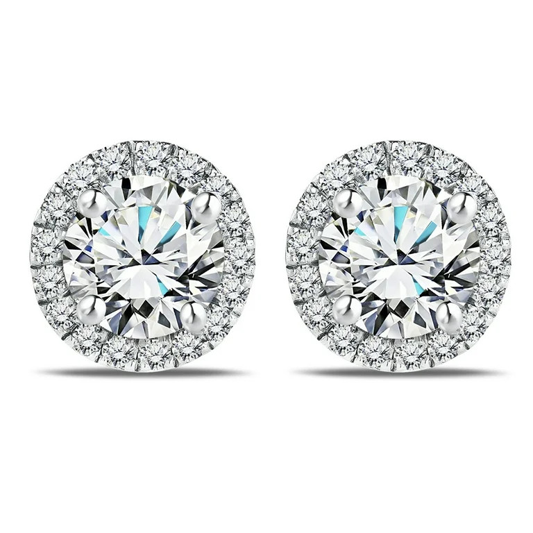 JeenMata Lab Grown Diamond 1 Carat Round Brilliant Cut Halo Stud Earrings in 18K White Gold Plati... | Walmart (US)